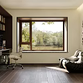 Study Room With Bookshelf Writing Desk Bean Bag Chair And Lake View Through Window