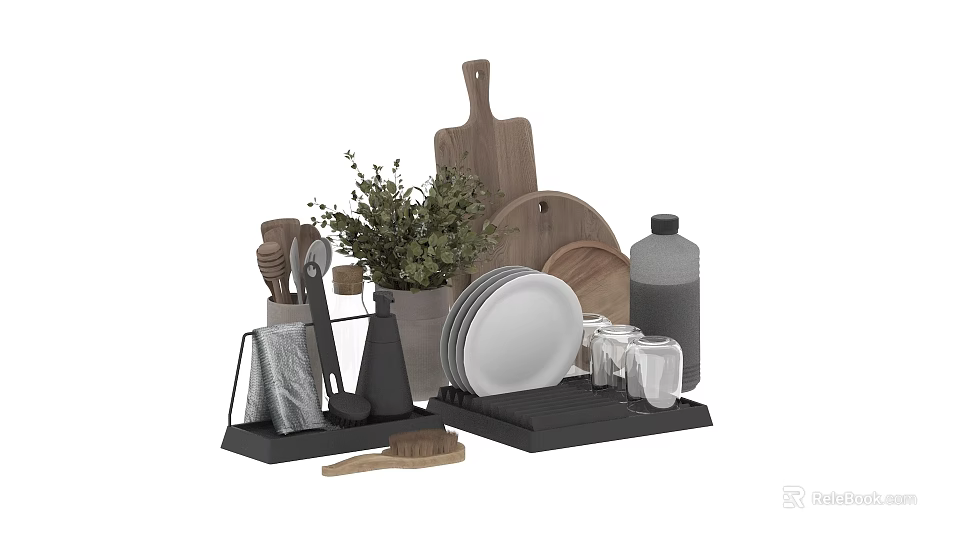 Organized Kitchen Utensils Collection With Plates Cutting Boards And Potted Plant 3d model 