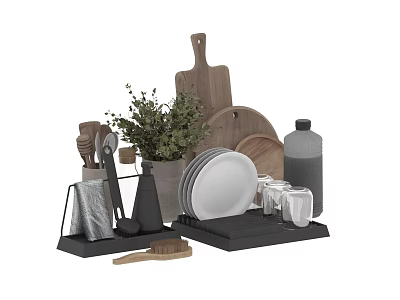 Organized Kitchen Utensils Collection With Plates Cutting Boards And Potted Plant 3d model