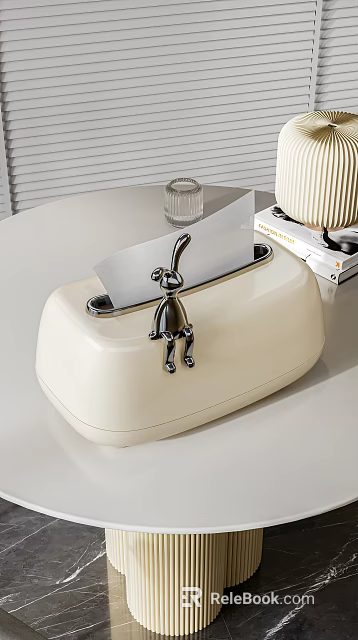 Decorative Ornament Set With White Tissue Box And Metallic Monkey Figurine 3d model