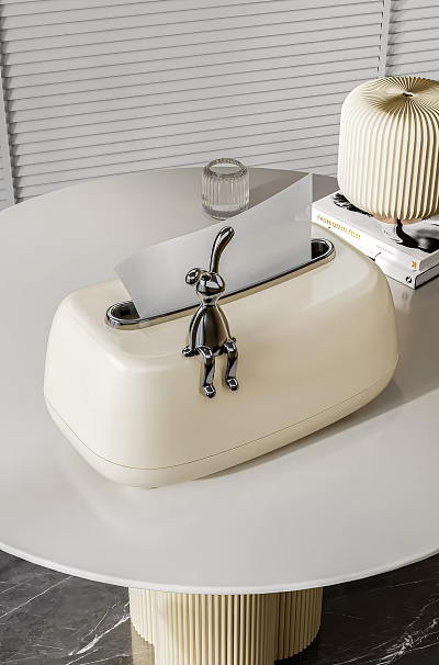 Decorative Ornament Set With White Tissue Box And Metallic Monkey Figurine 3d model