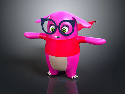 Cute Pink Cartoon Game Movie Character With Big Glasses Green Eyes And Open Arms 3d model