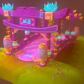 Cartoon Scene Featuring Purple Archway Blue Decorations Pink Pathway Green Grass And Small Colorful Characters