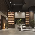 Specialty Store Interior With Wooden Walls Layered Bookshelves Green Plants And Stone Decor