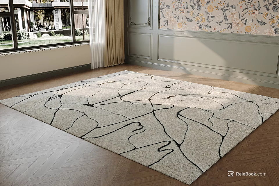 Square Rug With Abstract Black Lines In Bright Living Room 3d model 