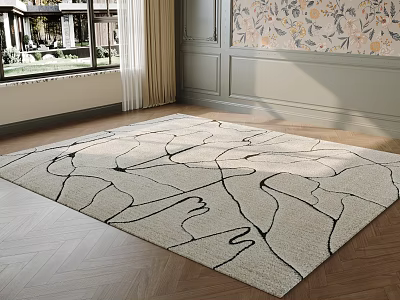 Square Rug With Abstract Black Lines In Bright Living Room 3d model