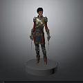 3D Female Warrior Character In Medieval Armor With Dual Swords Standing On White Base