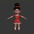 Cartoon Girl In Red Polka Dot Dress With Bun Hairstyle Red Shoes Against Gray Background