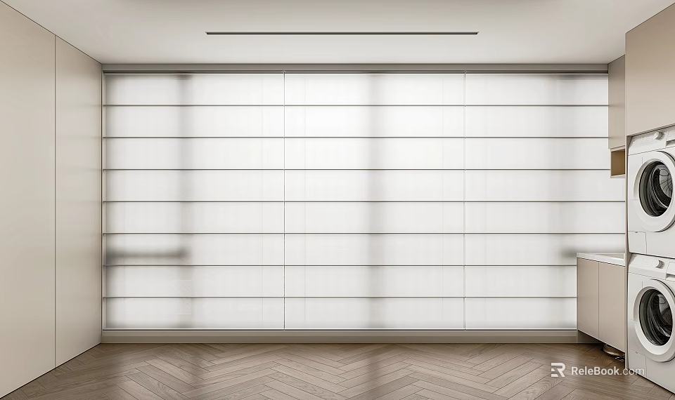 Modern White Curtains In Minimalist Interior With Large Window And Light Effects 3d model 