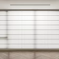 Modern White Curtains In Minimalist Interior With Large Window And Light Effects