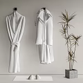 Two White Bathrobes Hanging On Wall In Modern Interior With Green Plant