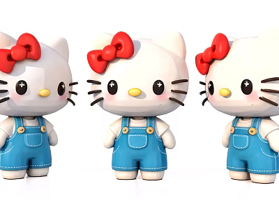 Hello Kitty Sculptures With Red Bows Blue Overalls White Body Three Cute Decorative Art Figurines 3d model