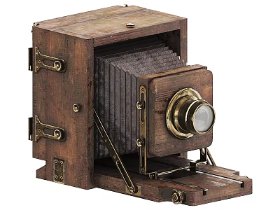 Vintage Wooden Camera With Brass Lens And Folding Design Details 3d model