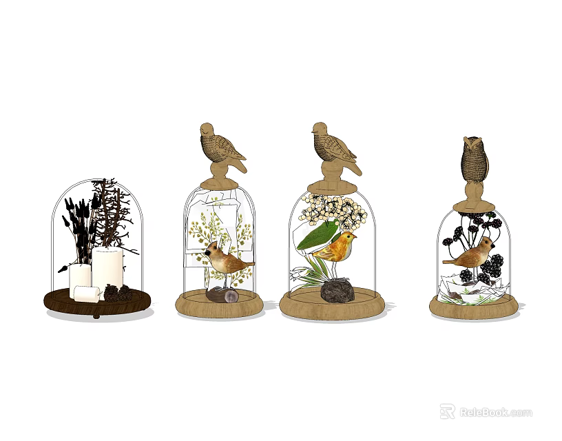 Decorative Ornament Set With Glass Cloches Birds Plants And Wooden Bases 3d model 