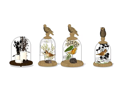 Decorative Ornament Set With Glass Cloches Birds Plants And Wooden Bases 3d model
