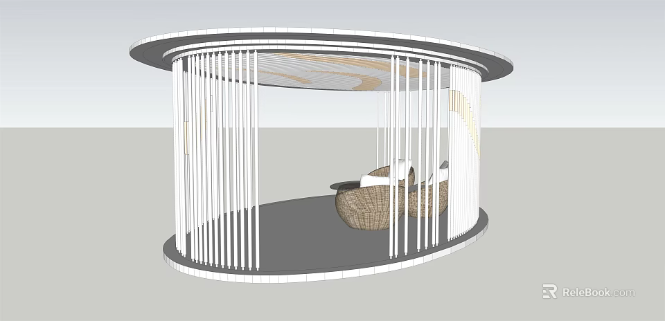 Circular Pergola With White Vertical Slats And Woven Seating Interior Design 3d model 