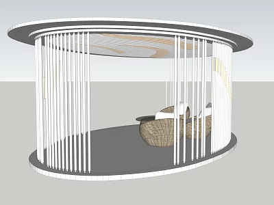 Circular Pergola With White Vertical Slats And Woven Seating Interior Design 3d model