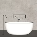 Modern Minimalist White Freestanding Bathtub with Black Faucet and Concrete Wall Niche