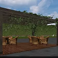 Outdoor Wooden Pergola with Climbing Vines and Tables with Chairs Surrounded by Greenery