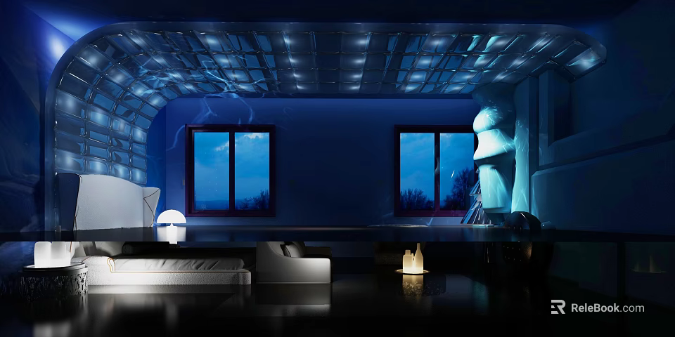 Modern Hotel Room Interior With Blue Starry Ceiling And Floor To Ceiling Windows 3d model 