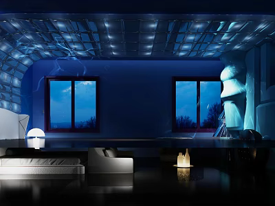 Modern Hotel Room Interior With Blue Starry Ceiling And Floor To Ceiling Windows 3d model