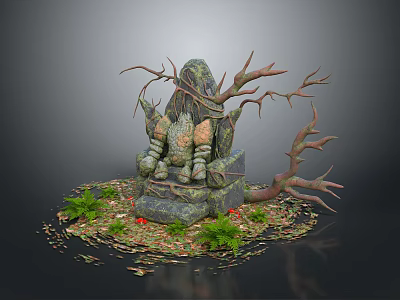Mythical Creature Statue With Root Branches Mossy Stone Base Green Plants And Fallen Leaves 3d model