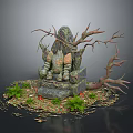Mythical Creature Statue With Root Branches Mossy Stone Base Green Plants And Fallen Leaves