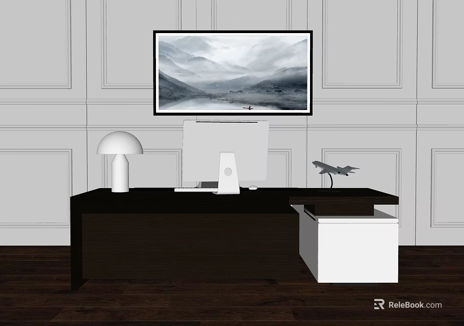 Stylish Dark Desk Interior With Computer Table Lamp Landscape Painting And White Cabinet 3d model 