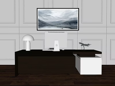Stylish Dark Desk Interior With Computer Table Lamp Landscape Painting And White Cabinet 3d model