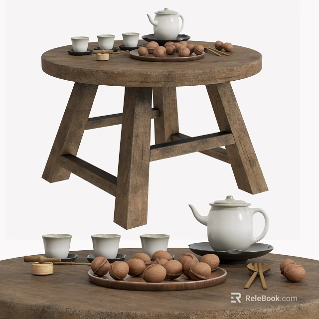 Round Wooden Coffee Table With Crossed Legs Design Featuring Tea Set Nuts And Tea Cups 3d model 