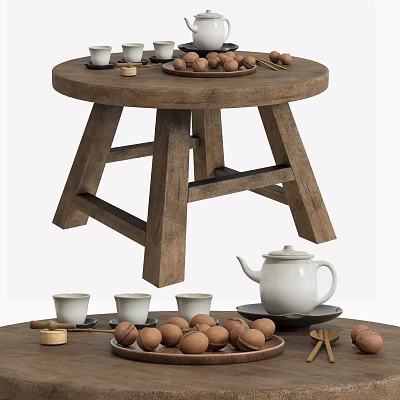 Round Wooden Coffee Table With Crossed Legs Design Featuring Tea Set Nuts And Tea Cups 3d model