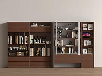 Wooden Bookcase with Multiple Shelves Books Decorative Items Cups and Wine Bottles 3d model