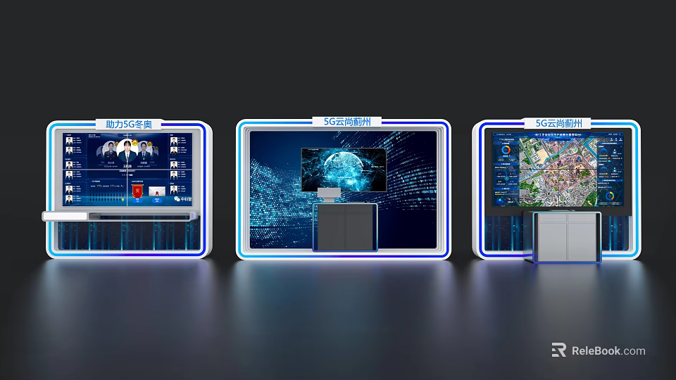 Modern Exhibition Island With Multiple Digital Screens And Data Displays 3d model 