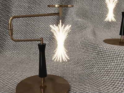 Modern Table Lamp With Metal Stand Black Handle Illuminated Fiber Shade And Woven Fabric Background 3d model