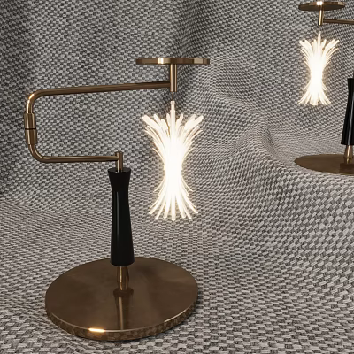 Modern Table Lamp With Metal Stand Black Handle Illuminated Fiber Shade And Woven Fabric Background 3d model