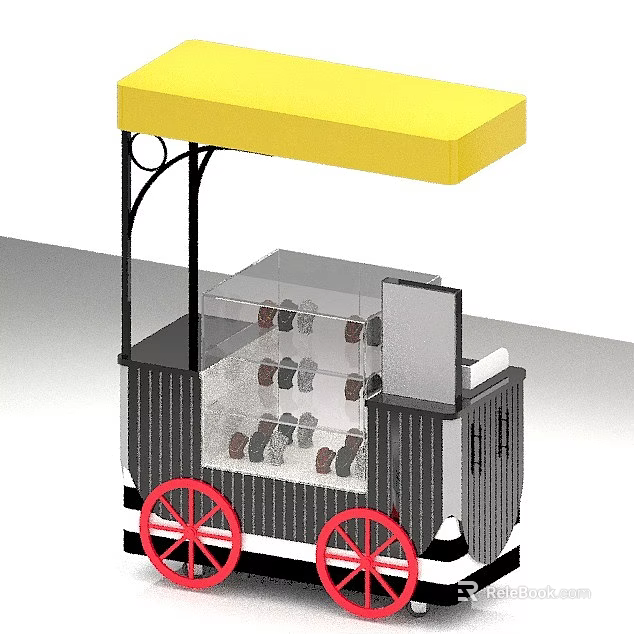 Mobile Food Cart With Yellow Canopy Red Wheels And Transparent Display Window 3d model 