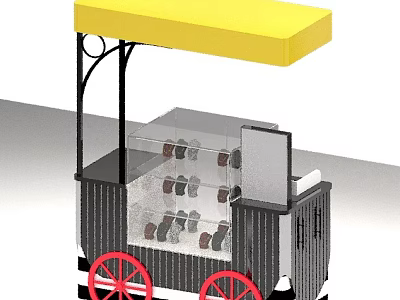 Mobile Food Cart With Yellow Canopy Red Wheels And Transparent Display Window 3d model