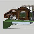 Traditional Wooden Gazebo In Garden With Pond Fountains Lawn And Stone Path