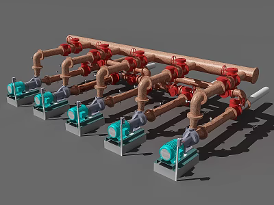 Industrial Equipment Setup With Metal Pipes Green Pumps And Red Valves Arranged In Line 3d model