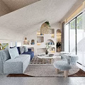 Modern Living Room Interior With Light Gray Sofa Round Coffee Table And Large Windows