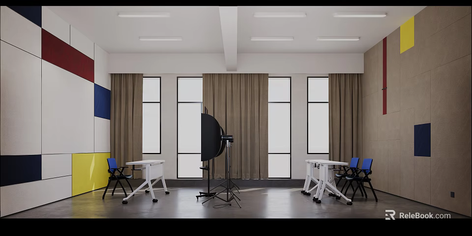 Modern School Classroom With Spacious Layout Bright Windows Desks And Learning Chairs 3d model 