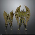 Large And Small Golden Armored Figures With Wings And Ornate Details On Gray Background