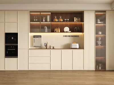 Modern Lighted Wine Cabinet With Elegant Display Shelves And White Kitchen Storage Design 3d model