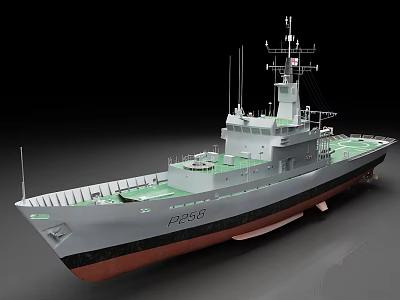 Gray Red Warship Model F250 With Green Deck And Radar Antennas 3d model
