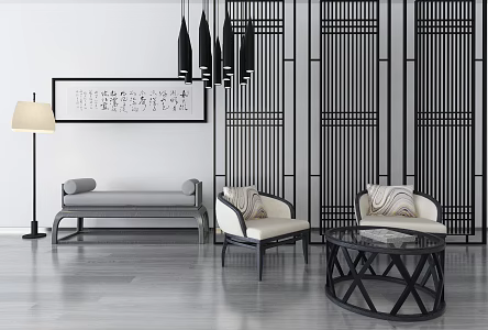 New Chinese Style Leisure Sofa Combination Chair Coffee Table Chandelier Mural 3d model
