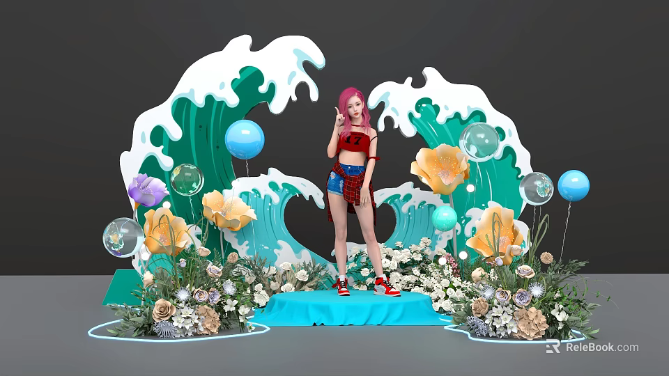 Decorative Stage With Pink Haired Figure Blue Platform White Green Waves Colorful Balloons And Flowers 3d model 