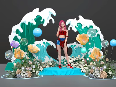 Decorative Stage With Pink Haired Figure Blue Platform White Green Waves Colorful Balloons And Flowers 3d model