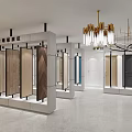 Modern Exhibition Area Interior With White Display Platform Devices TV Screen And Gold White Chandeliers