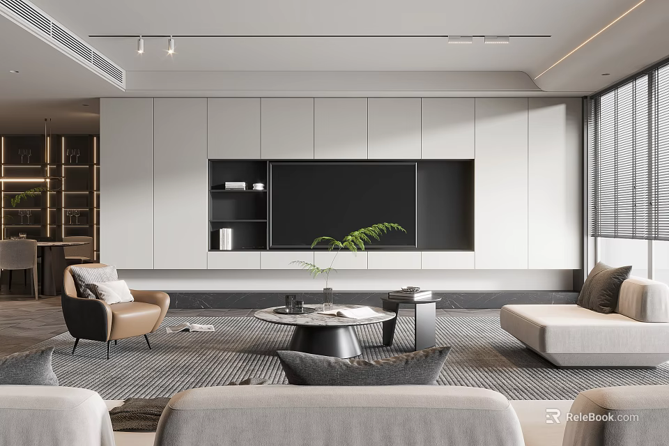 Modern Living Room Interior With Neutral Tones Sofa TV Wall Cabinets And Green Plant 3d model 