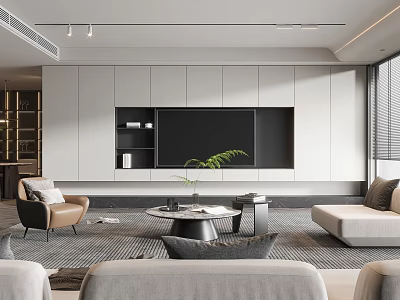 Modern Living Room Interior With Neutral Tones Sofa TV Wall Cabinets And Green Plant 3d model